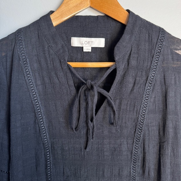 LOFT Women's Small Sheer Blouse Long Sleeve Tie V-Neck Boho Whimsigoth‎ Black - Picture 4 of 14